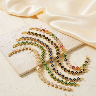 Vòng tay cỏ ba lá nữ với họa tiết kẻ sọc kim cương zircon nhiều màu sắc, phong cách châu âu hiện đại