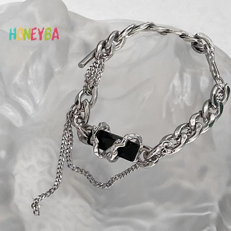 < Honeyba > Vòng tay ngôi sao Zircon màu đen cổ điển dành cho nữ Quà tặng xu hướng Dây chuyền kim loại Unisex Goth Trang sức Cặp đôi mới Phụ kiện