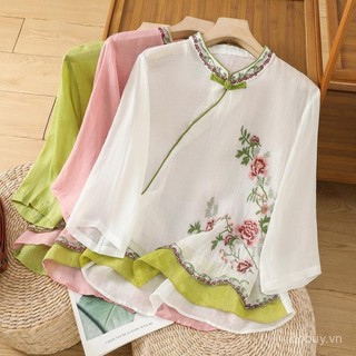 Áo sơ mi thêu vải lanh cotton mùa hè, phong cách Trung Quốc, thiết kế sườn xám với nút ếch