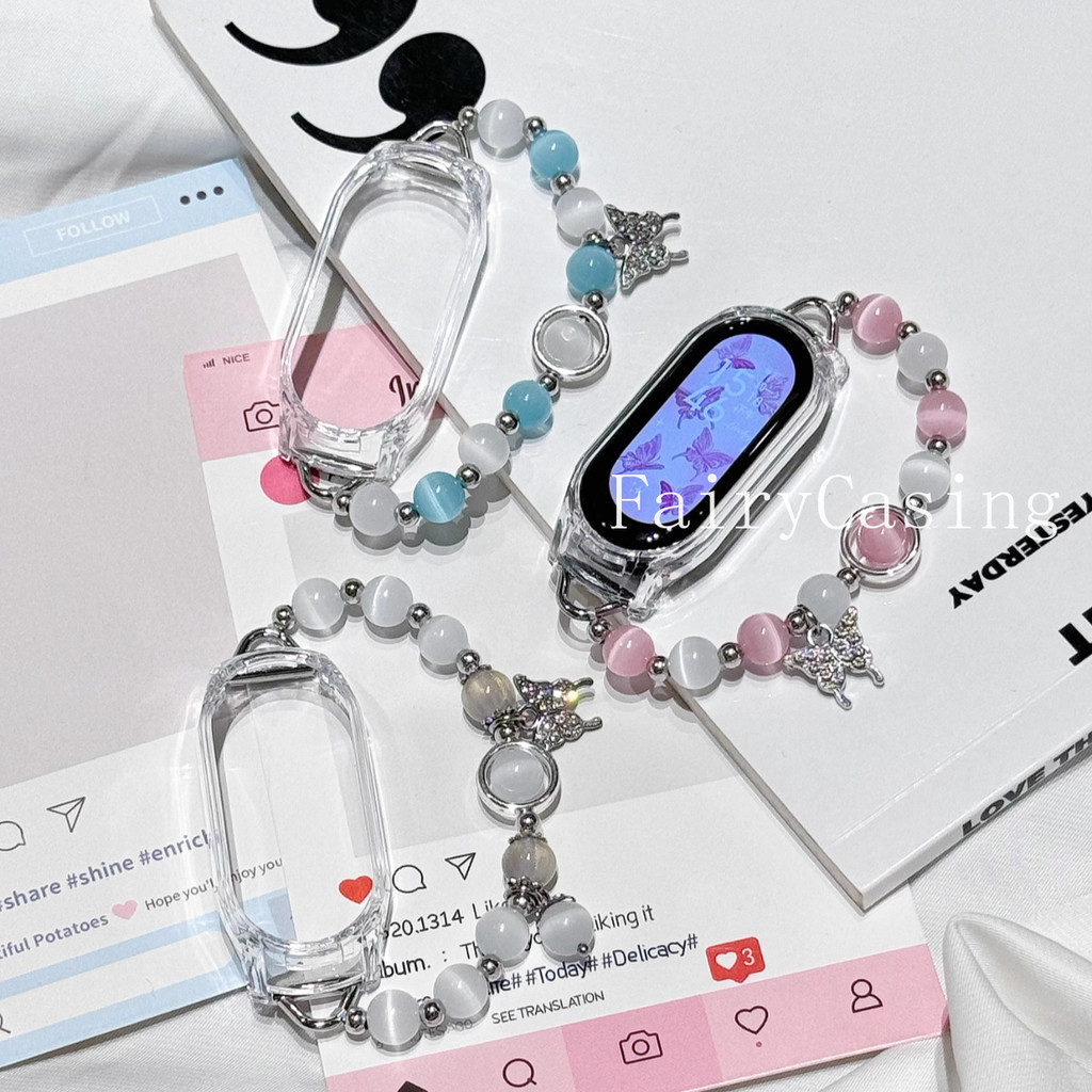 Vỏ Claer + Dây đeo hạt Thích hợp cho Xiaomi Band 10 9 8 Nfc 8Pro 9Pro Đàn hồi cho Mi Band 3 4 5 6 7 8 9 Dây đeo cổ tay hoạt động