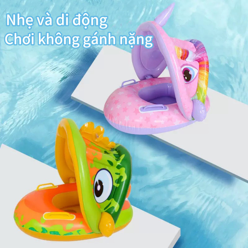 Baby Swimming Seat Boat with Handrails PVC Cartoon Children Swimming Sunshade Boat Detachable Swimming Ring