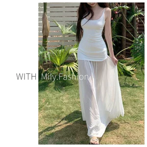 Milyfashion Trắng Pháp Sling Đầm Phong Cách Mới Mùa Hè Kỳ Nghỉ Khâu Gạc Váy Dài Quần Áo Nữ
