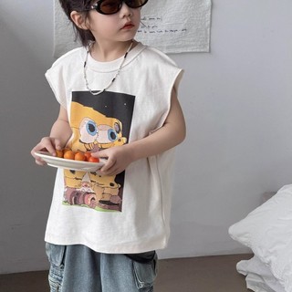 Mùa Hè Phong Cách Mới Bé Trai Đẹp Trai Hoạt Hình Không Tay Áo Thun Trẻ Em Thời Trang In Chữ Áo Vest Bé Top