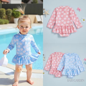 Tập Đi Bé Gái Rash Guard Đồ Bơi Rompers Tay Dài In Hoa Cúc Cho Bé Xù Đồ Tắm Đồ Bơi