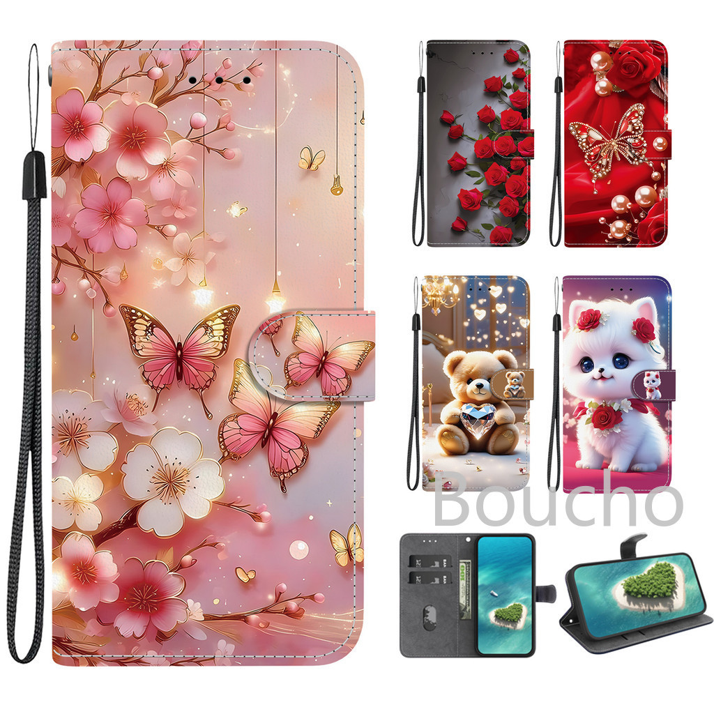 Dành Cho OPPO A5 A5X A5i A3 A60 A79 A18 A38 A58 A78 A17 A17K A57 A77 A77S A16 A54 A55 A96 A76 A74 A95 A52 A92 4G 5G Hồng Bơ Hoa Hồng Ví Lật Bao Da Thẻ Điện Thoại