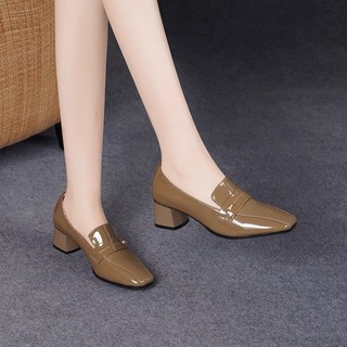 Loafers Bằng Sáng Chế Da Giữa Cao Gót Giày 2025 Phong Cách Mới Thu Đông Da Thật Dày Gót Da Nhỏ Giày Da Loafer Nữ Phong Cách Anh Slip-On