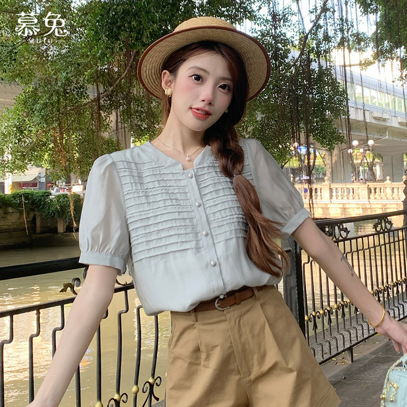 Mutu Áo Sơ Mi Retro Haze Xanh Cho Nữ Mùa Hè 2026, Thiết Kế Xếp Ly Tay Ngắn Cổ Tròn