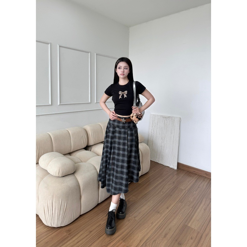 [KH10] Chân váy caro dáng dài NIKI vạt chéo, chân váy cá tính phong cách streetwear | Khao Boutique
