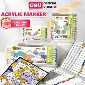 Bút Sơn Acrylic Marker Cao Cấp Deli - 12/24/36/48 Màu Tặng Bút Đi Nét Vẽ Viết Trên Nhiều Chất Liệu