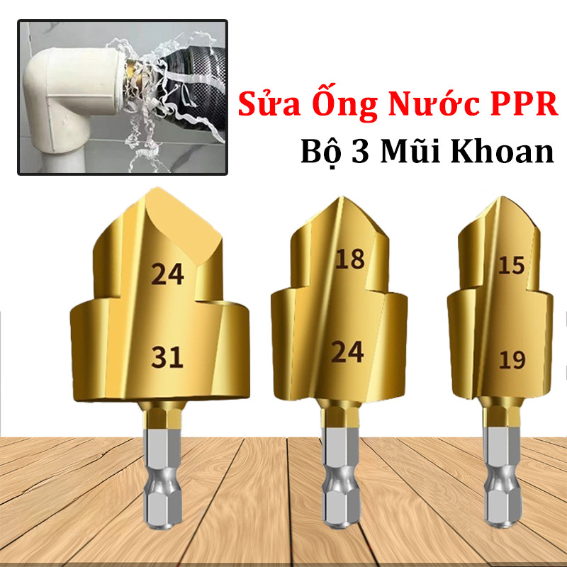 Bộ 3 Mũi Khoan Sửa Ống Nước PPR Thế Hệ Mới Cao Cấp Phủ Titan, Bộ 3 size 20-25-32mm, sửa chữa ống nước chuyên nghiệp