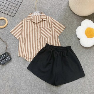 SET Sơ Mi Quần Đùi Bigsize Nữ Áo Somi Kẻ Sọc Vải Linen Kèm Quần Short Vibe Vintage A288+Q500