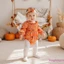 Bé Gái Halloween Jumpsuit Hoạt Hình Bí Ngô In Ruched Off Vai Dài Tay Áo Liền Quần + Nơ Băng Đô