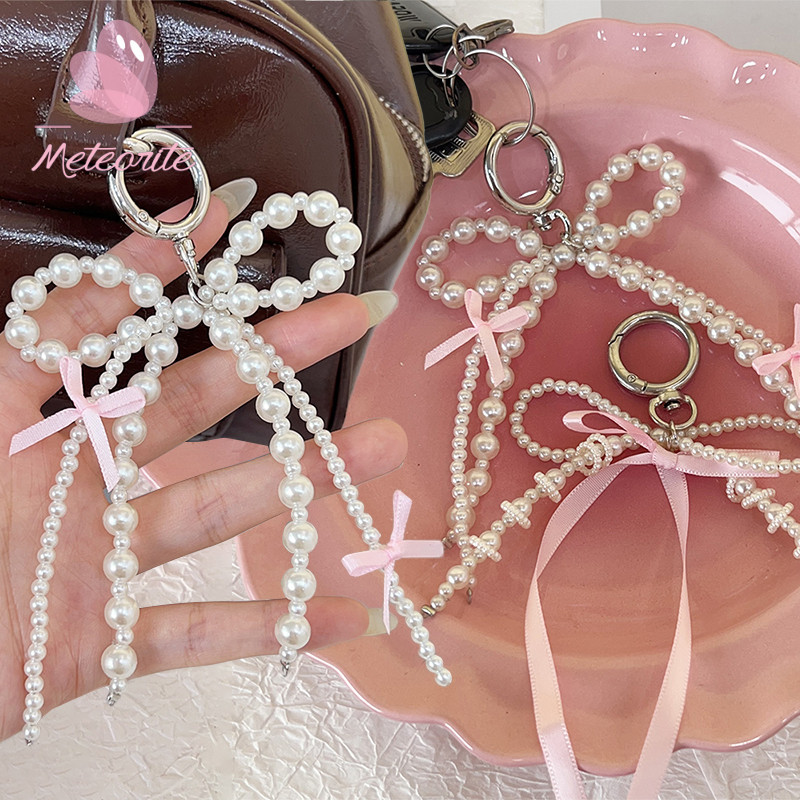 Y2K Màu Hồng Ribbon Bow Pearl Backpack Mặt Dây Chuyềns - Móc Khóa Sáng Tạo/Điện Thoại Di Động Mặt Dây Chuyền