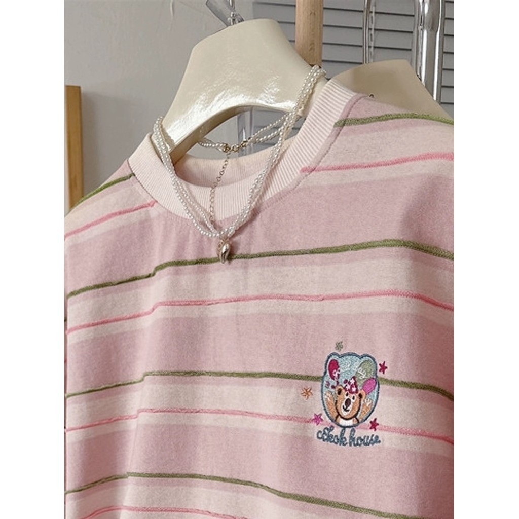 SUXI Áo thun Cotton sọc màu hồng Áo thun nữ tay ngắn thêu