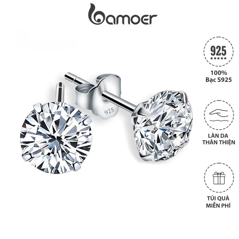 Ảnh Đôi bông tai tròn BAMOER bạc 925 đính đá zircon 4mm 5mm 6mm 7mm thời trang cho nữ 2