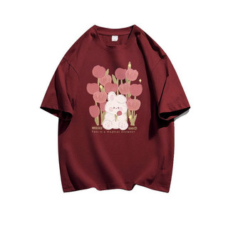 Áo thun ngắn tay màu hồng đậm chất cotton nguyên chất dành cho nữ áo dáng rộng