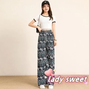 Quần ống rộng nữ Vintage in hình con voi co giãn dáng rộng Quần cạp cao