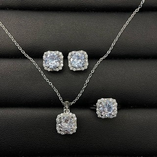 Sét dây chuyền nhẫn bông tai nụ vuông đính đá sang chảnh cho nữ. Sét đi tiệc sự kiện