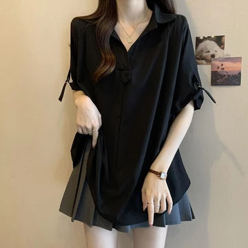 [Phiên bản Hàn Quốc Quần áo nữ cỡ lớn cỡ vừa] Áo sơ mi ngắn tay cỡ lớn cho bé gái Áo sơ mi dáng rộng Top 150kg có thể mặc dáng ôm hơn Quần áo nữ cỡ lớn béo mm150kg Áo sơ mi cổ chữ V voan nữ mùa hè dán