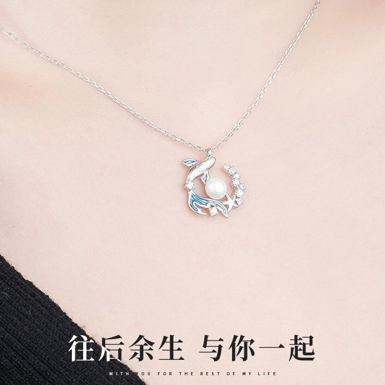 Thời Trang S925 Bạc Cá Voi Xanh Vòng Cổ Nữ Độc Đáo Giả Vỏ Hạt Mặt Dây Chuyền Quà Tặng Sinh Nhật