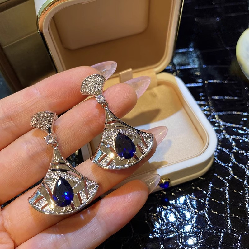 Mới Màu Xanh Zircon Hình Quạt Bông Tai Nữ Ánh Sáng Sang Trọng Thời Trang Tính Khí Bông Tai Wholes