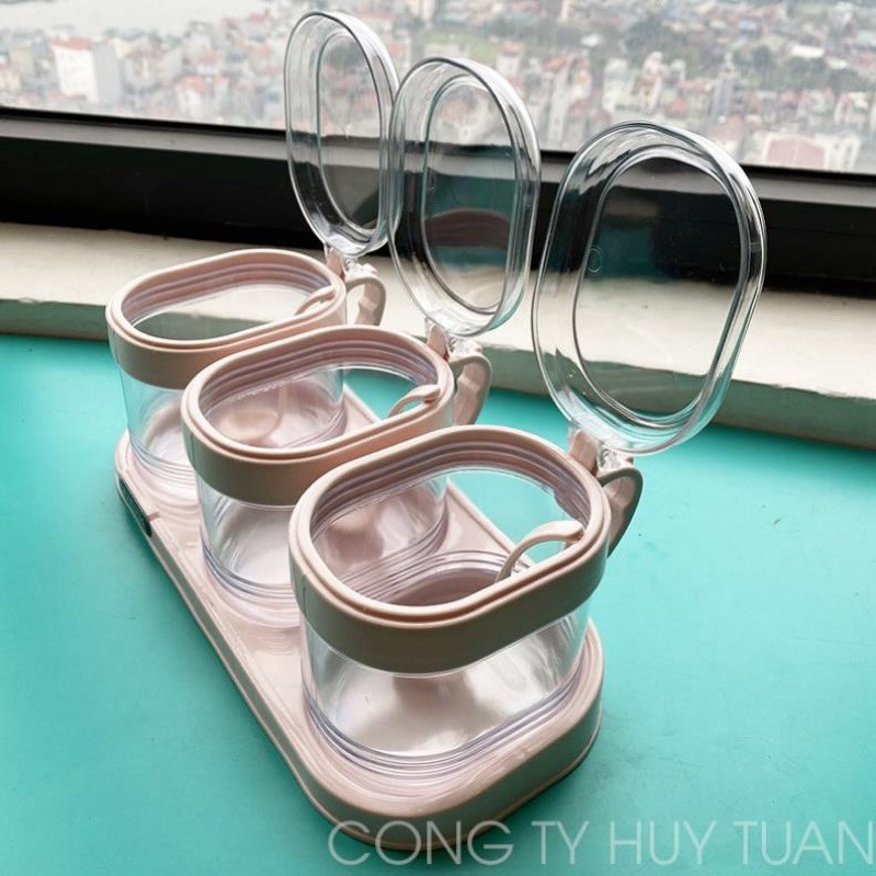 Lọ đựng gia vị cao cấp Hokori Việt Nhật có quai cầm và nắp đậy tặng kèm khay , Bộ hũ lọ đựng gia vị HOKORI