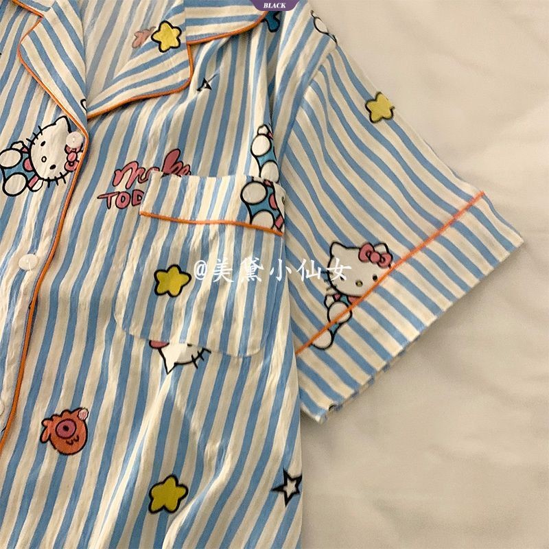 Ins Bộ Đồ Ngủ HelloKitty Dễ Thương Nữ Mùa Hè Sọc Ngắn Tay Quần Short Nhật Bản Mỹ Bé Gái Homewear Suit [BL]