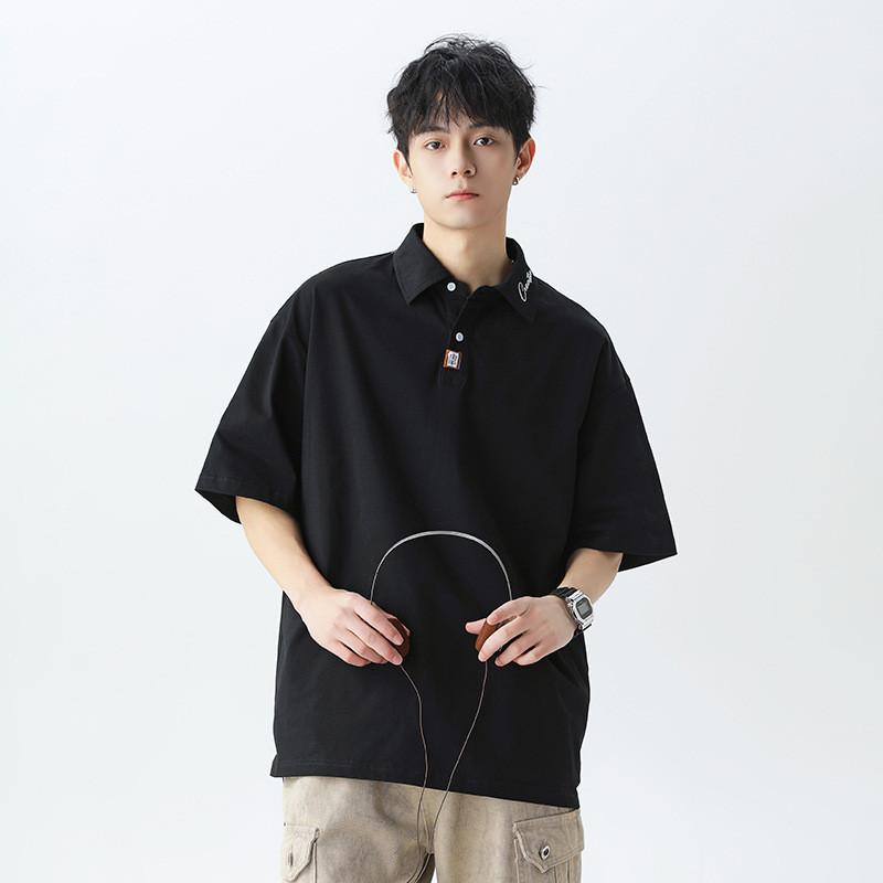 Cổ Tương Phản Màu Sắc Thêu Chữ Ngắn Tay Áo Sơ Mi Polo Nam Phong Cách Mùa Hè Phong Cách Nhật Bản Rời Cotton Nguyên Chất Nửa Tay Áo Thun Top