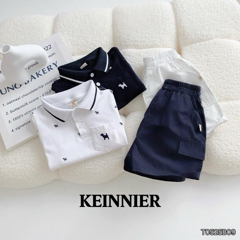 Set bộ polo bé trai Bernie T0525B09 in họa tiết tràn 2 màu trắng than – đồ bộ trẻ em size 80-140 (9-26kg)