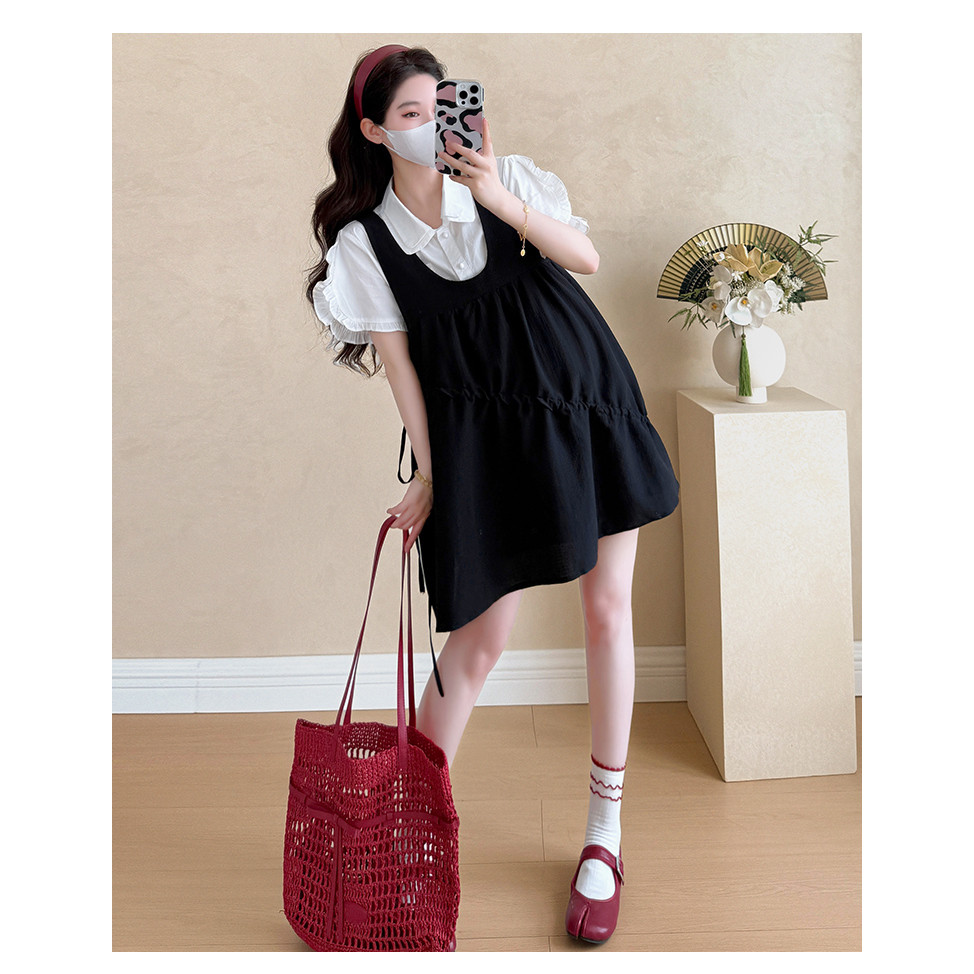 Bộ đồ bà bầu gồm váy dây rút cổ điển và áo sơ mi trắng - Phù hợp mùa hè