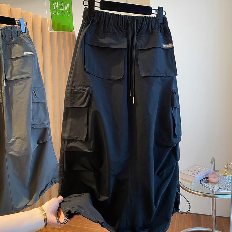 Xuân Thu Plus Size 150kg Váy chữ A dáng rộng thông thường Váy dây rút đa năng Váy bảo hộ lao động nữ