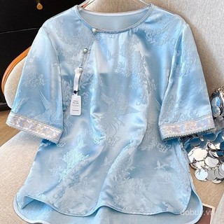 Áo sơ mi satin jacquard thêu phong cách Trung Hoa, cổ tròn tay ngắn cho mùa hè 2025