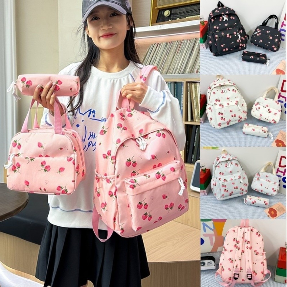 HOBBYIN Túi đi học HOBBYIN, Ba lô dâu vải có thể điều chỉnh, Phong cách Preppy dễ thương với túi đựng đồ ăn trưa & bút chì Ba lô du lịch dung tích lớn dành cho nữ sinh viên