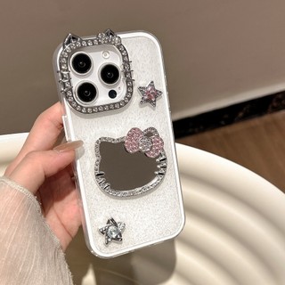 Sang Trọng Kim Cương Ống Kính Mèo Kitty Gương Ngôi Sao Lấp Lánh Bột 2in1 Ốp Lưng Điện Thoại iPhone 17Promax 16Promax 12 13 14 15 Pro Max 16Plus Silicon Chống Sốc Nữ Vỏ Di Động