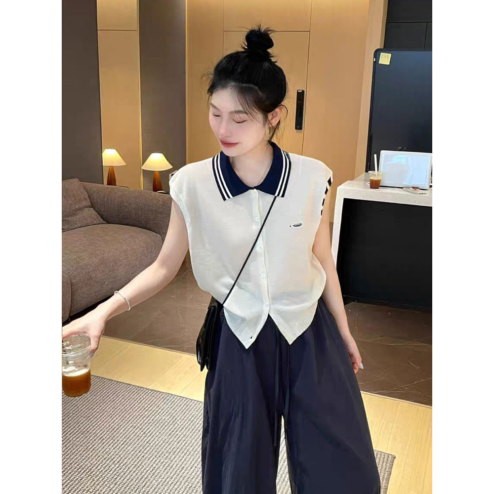 Áo sơ mi polo ice silk và cardigan ngắn tay nữ, phong cách Hàn Quốc mới lạ với màu sắc tương phản, thích hợp mùa hè