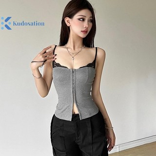 Kudosation Mùa Hè Nữ Đường Phố Thời Trang Ren Chắp Vá Ngực Không Tay Skinny Camisole