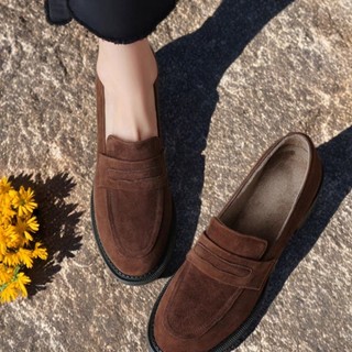 Loafers Giày Đơn Nữ Phong Cách Anh Plus Nhung Giày Da Nhỏ Nữ Mùa Xuân 2024 Mùa Thu Pháp Retro Da Lộn Gót Dày Slip-On Loafers