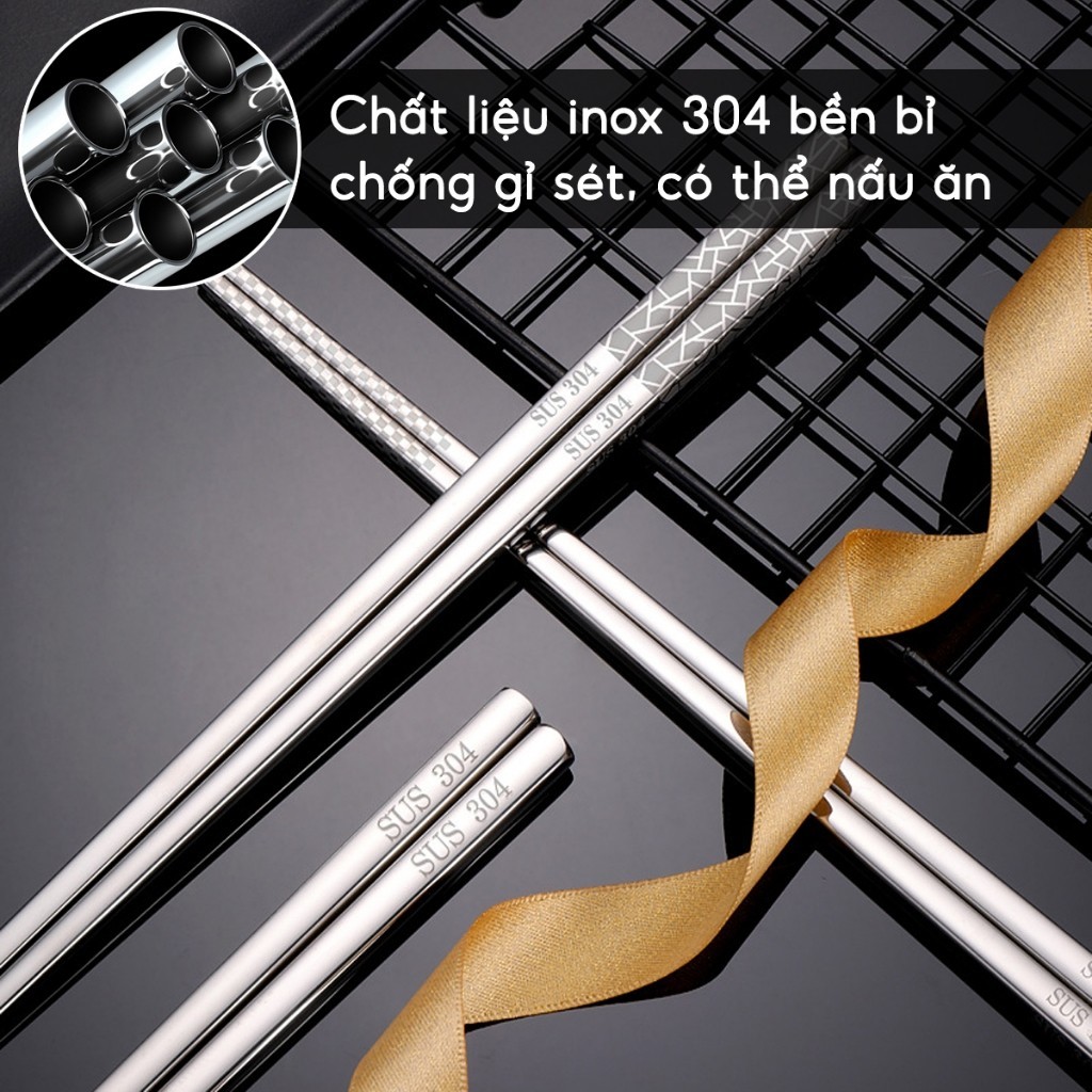 Đũa inox 304 kháng khuẩn chống ẩm mốc Vỉ 5 đôi đũa ăn cơm nấu ăn Nhật Bản chống trơn trượt