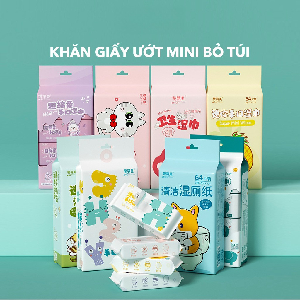 Bịch 64 Khăn Giấy Ướt Mini Bỏ Túi Khăn Ướt Đa Năng Du Lịch Dùng Được Cho Trẻ Em