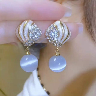 Bông Tai Opal Trắng Retro - Phong Cách Cao Cấp Pháp