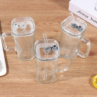 Cốc Nước Thủy Tinh Hình Vuông Có Nắp Nhiều Màu Chất Liệu Borosilicate - LY THUỶ TINH VUÔNG CÓ QUAI NẮP, ỐNG HÚT 300ML #
