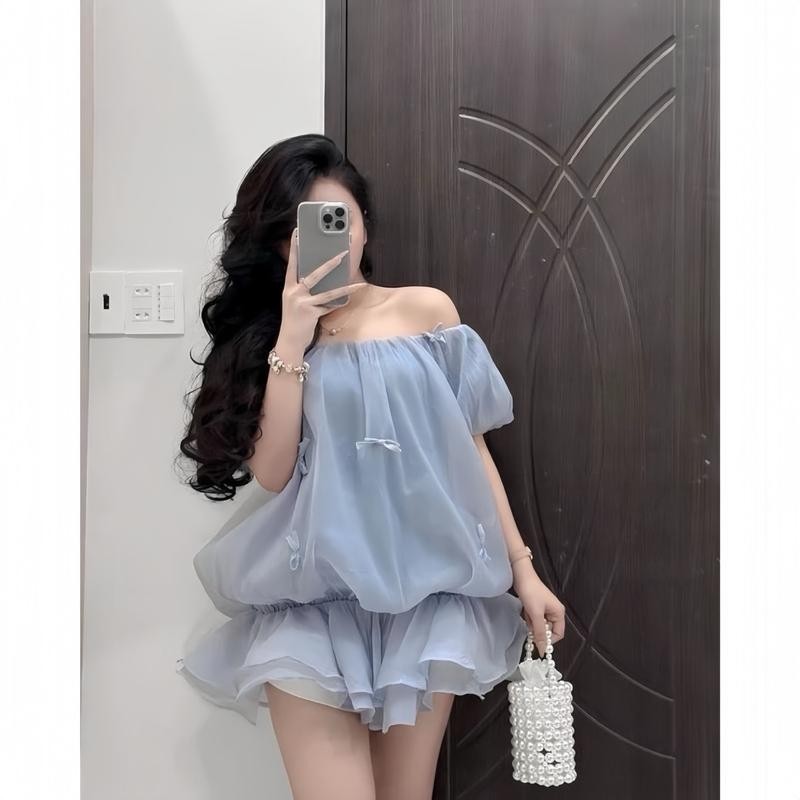 Áo Trễ Vai Tơ Xốp Bèo 2 Tầng Tay Phồng Bí Ngô