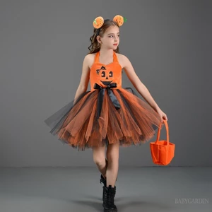 Baga-halloween Trang Phục Bí Ngô Cho Bé Gái 2-12 Tuổi Váy tuyn Không Tay Dễ Thương + Bộ Túi Đeo Đầu Trang Phục Hóa Trang