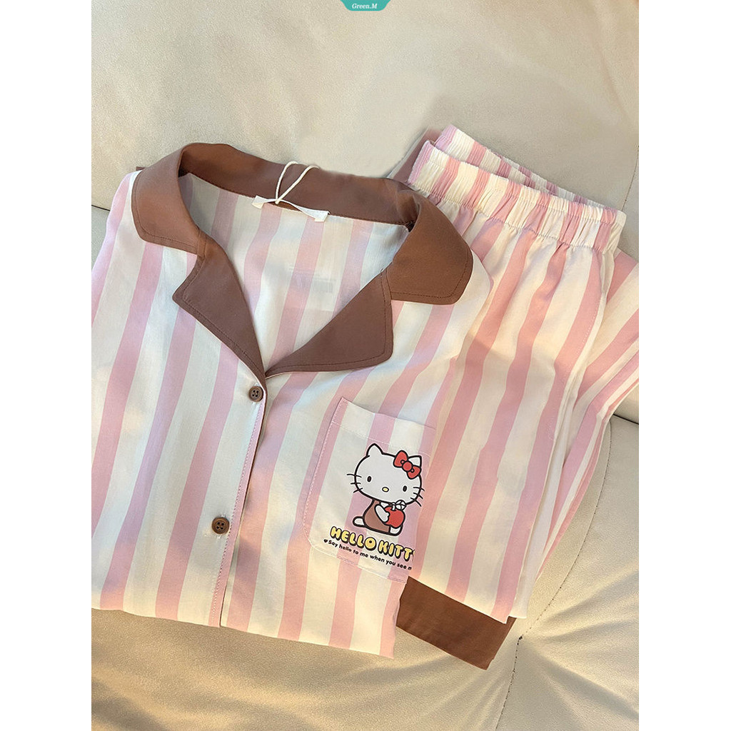 Phiên Bản Hàn Quốc Của Bộ Đồ Ngủ Hello Kitty Sọc Nữ Xuân Thu Mới Quần Dài Tay Nữ Mặc Ở Nhà Phù Hợp Với