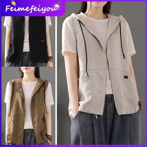Văn học mới Retro dáng rộng thoải mái Vải lanh Cotton có mũ trùm đầu đa năng Áo Vest không tay