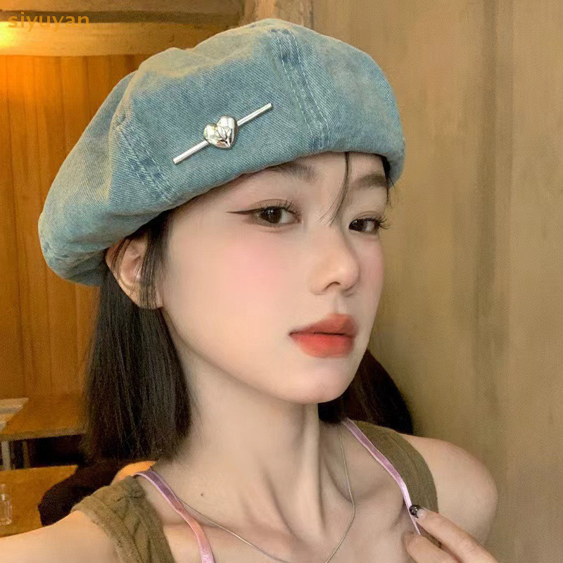 Siyuyan 1 Bông Tai Kẹp Retro Denim Mũ Cho Nữ Xuân Hè Du Lịch Đa Năng Thời Trang Tình Yêu Pin Ngọt Ngào Họa Sĩ Mũ VN
