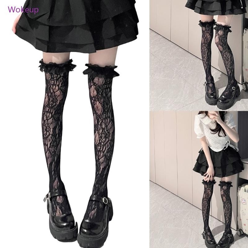 Woke Fishnet Đùi Cao Tất Cho Nữ Ruffle Viền Hoa Ren Trên Đầu Gối Tất