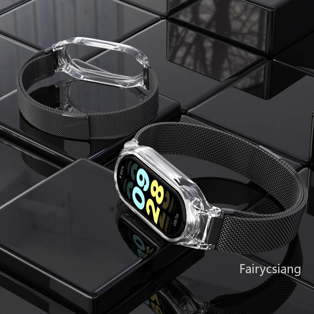 Dây đeo lưới kim loại cho Mi Band 9 8 Smartwatch Dây đeo cổ tay Xiaomi Mi Band 3 4 5 6 7 Vỏ trong suốt Dây đeo đồng hồ từ tính có vỏ trong suốt