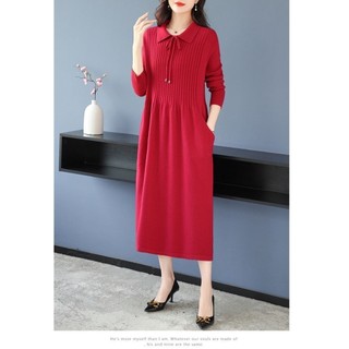 Búp Bê Cổ Áo Len Đầm Nữ Thu Đông Đầm Phong Cách Mới Kích Thước Lớn Dày Dài Túi Dệt Kim Đáy Ấm Trượt Tuyết