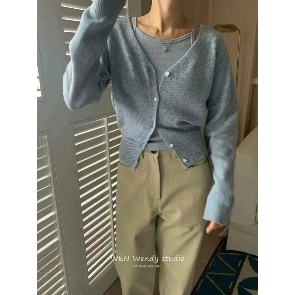 Suxi Retro Màu Trơn Thu Đông Mới Cổ Chữ V Dài Tay Dệt Kim Cardigan Nữ Áo Len Ngắn 240925